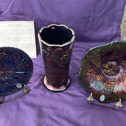 Limited Edition Fenton Carnival Glass 3-piece Peacock Art Glass Set Numbered /900