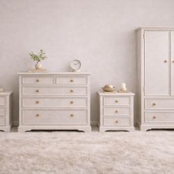 Refinished Off-White 4-Piece Bedroom Set – Dresser, 2 Nightstands & Armoire – Modern Farmhouse / Coastal