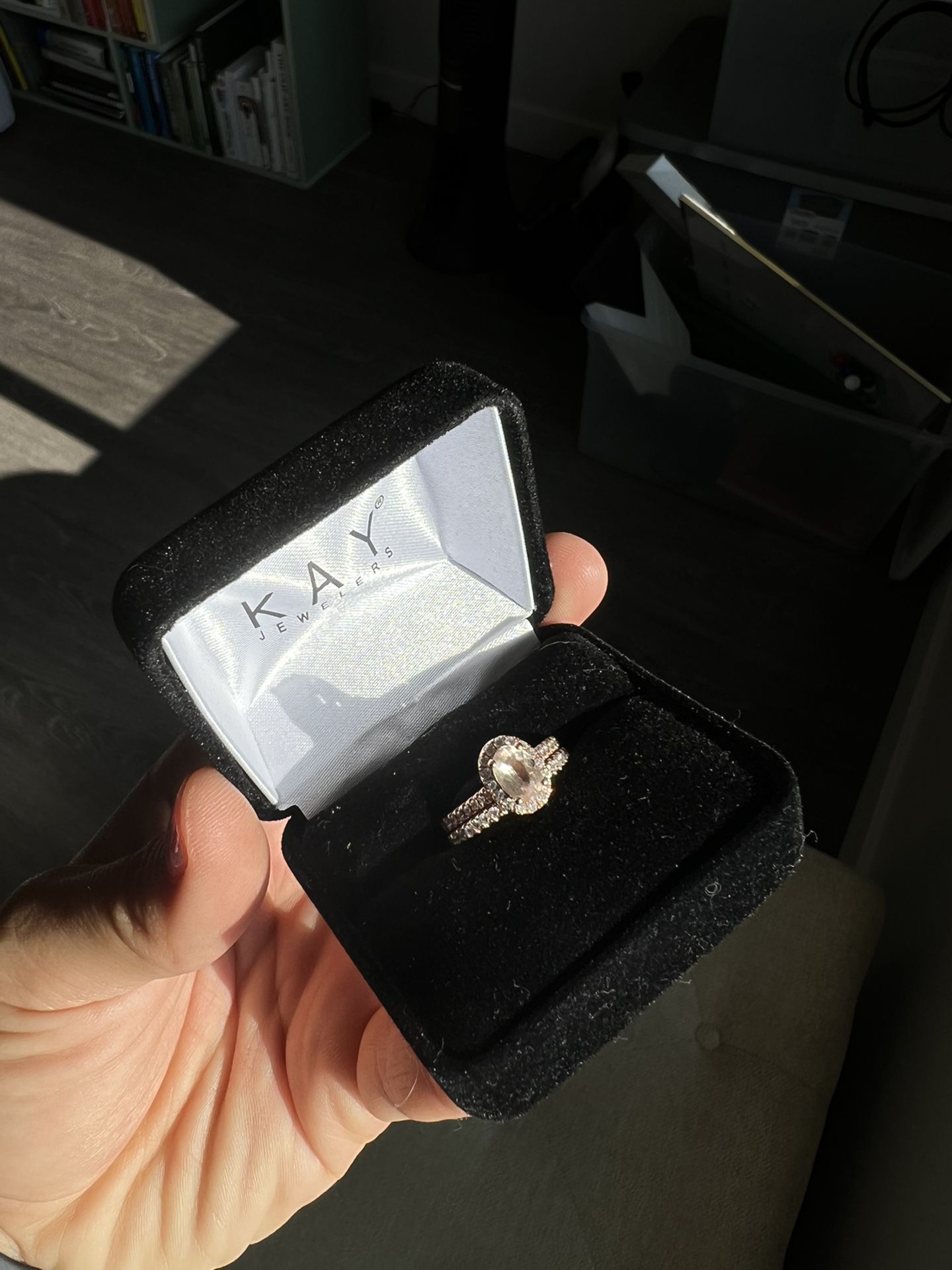 Morganite Engagement Ring And Wedding Band - 1/4 ct tw Diamonds 14K Rose Gold