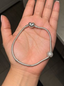 PANDORA 925 Sterling Silver 9” Charm Bracelet Heart & Pavé Bead Charms