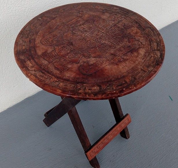Peru Made Folding Leather Top Table $180 Bed-Bath-Beyond 19" Dia EXCÂ