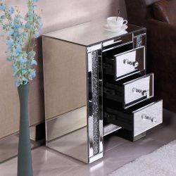 New Silver Gray Mirrored Nightstand W/Crystal-inlay