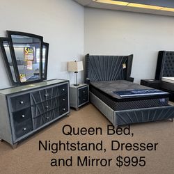New Queen Bed, Nightstand, Dresser and Mirror