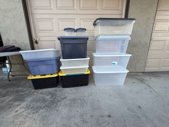 Various sized plastic storage bins.