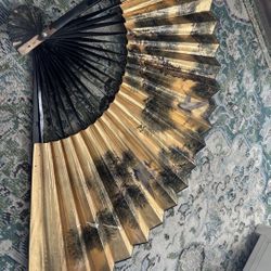 Large Vintage Chinese Wall Fan Hand Painted Cranes Asian Decor Made In China