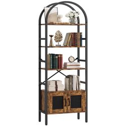 IRONCK 70.3" Tall Arched Bookshelf, 4-Tier Open Display Bookcases with Door Cabinet, Industrial Style Metal Storage Rack, Brown