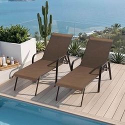 New Set of 2 Reclining Adjustable Patio Chaise Lounge Chairs, Brown