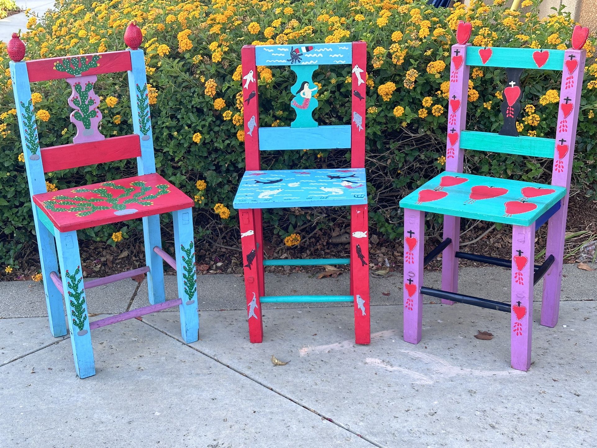 Set of 3 Vintage Mexican Folk Art Hand Painted Chairs