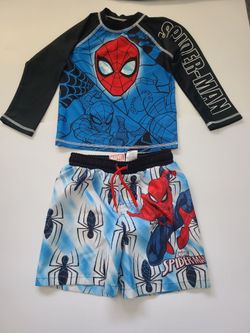 Marvel Spider-Man Boy's 2-Piece Long Sleeve Swim Shirt/Rash Guard & Swim Short Set