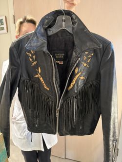 Black Leather Fringed Jacket Brand New Never Worn Size 10
