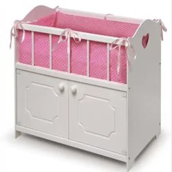 Children’s Play toy Crib Girl Dolls Toys Badger Basket Wooden Baby Doll Crib with Bedding and Storage - Wooden Bed with Blanket, Pillow, and Personali