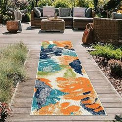 Runner Rug 2'x7' Palm Leaves Floral Orange/Blue See Our Other Rugs NEW