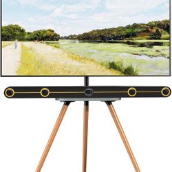 Minimalist Easel TV-Stand for 43-65-Inch Screens - Portable Swivel Tripod TV Stand with Wooden Tray, Height Adjustable TV Floor Stand