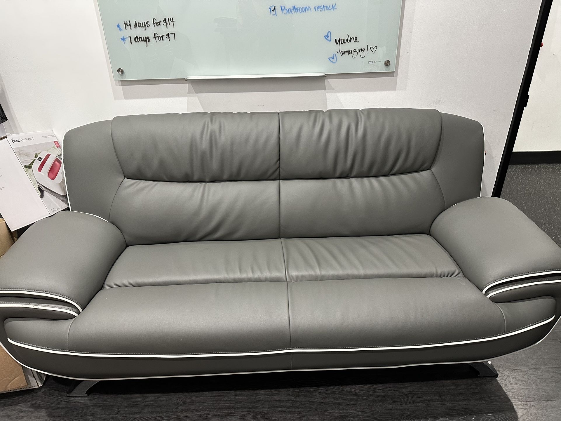 Grey Leather Couch With White Trim
