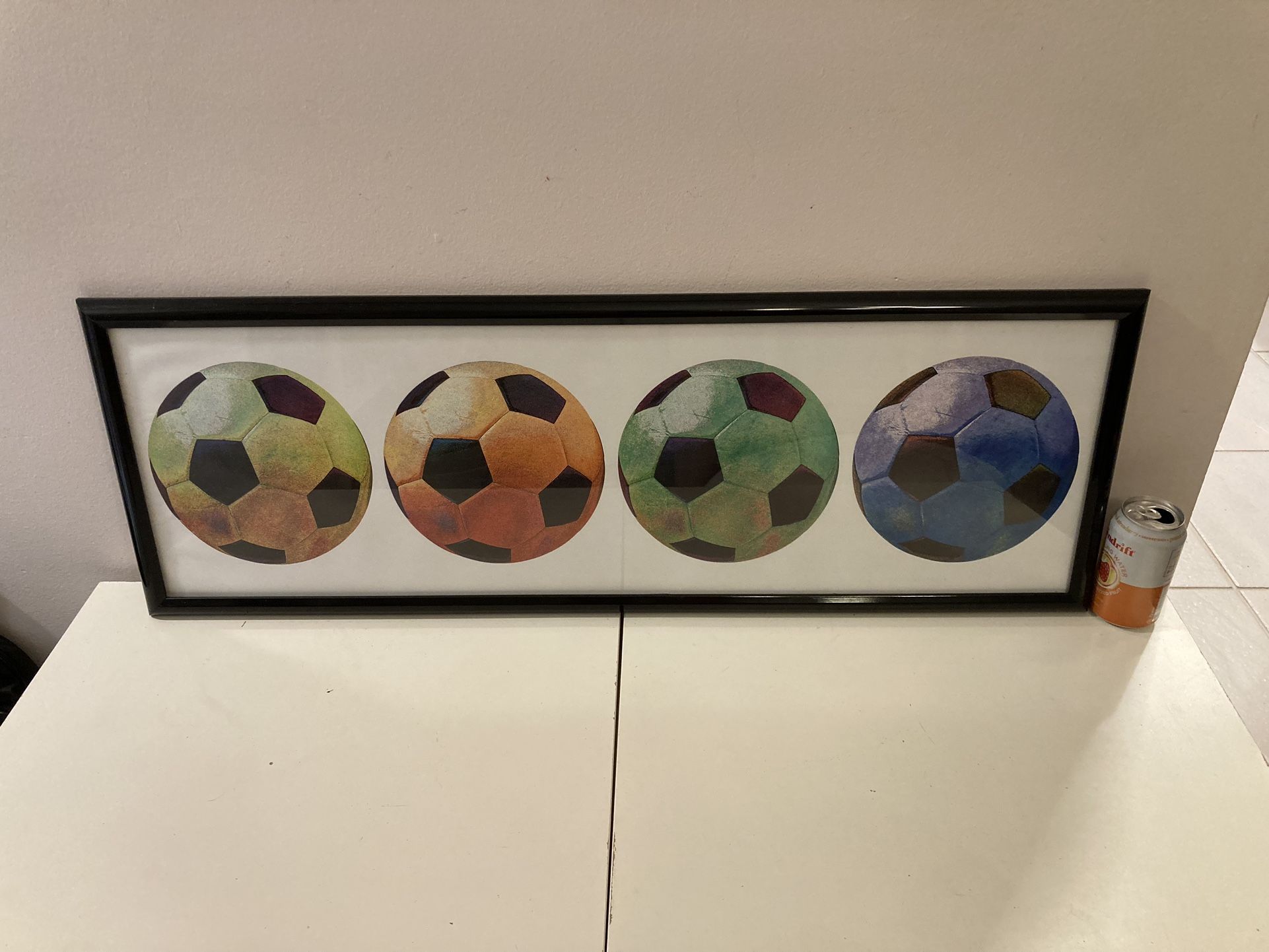 37” x 12 3/4” Framed Wall Art | 4 Colorful Soccer Balls | Can Be Hung In Either Direction
