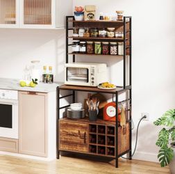 67" Bakers Rack w/ Power Outlet Coffee Bar Cabinet w/ S-Shaped Hooks Rustic Brown