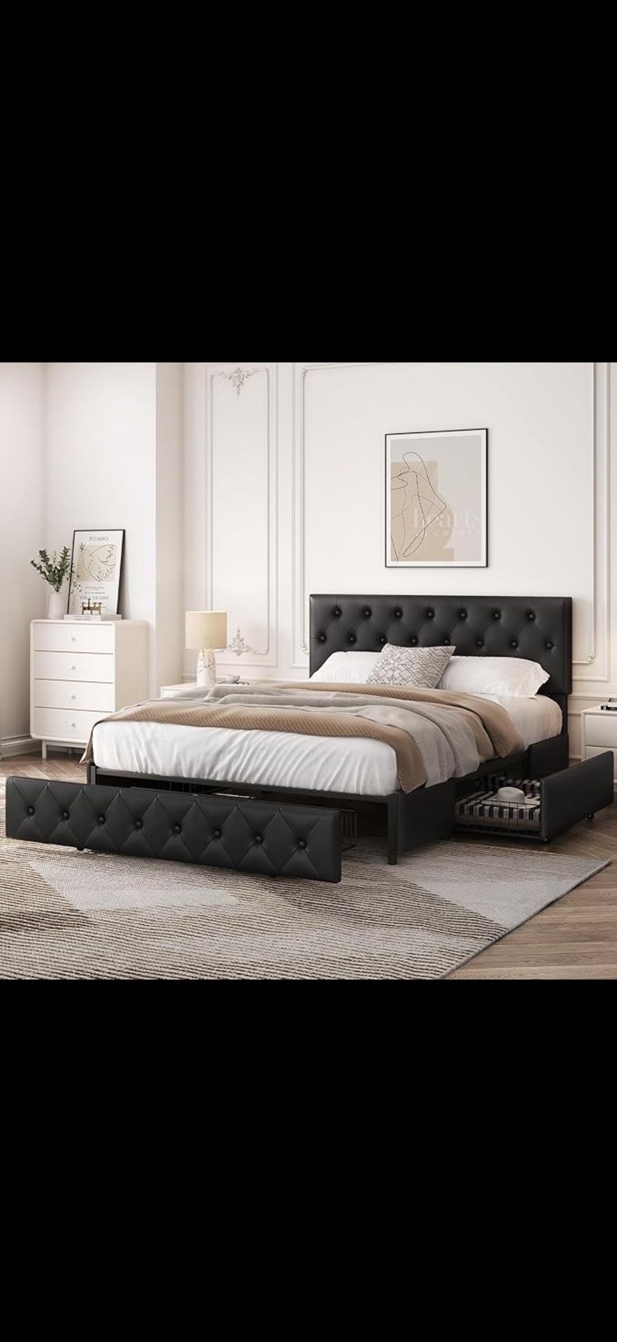 Black Queen Upholstered Platform Bed Frame With Storage.