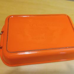 Vintage LeCreuset Cast Iron Baked Enamel Orange Roasting Pan With Swing Handles 10x15x2.5