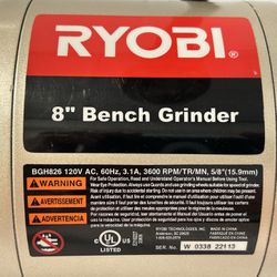 Ryobi 8” Bench Grinder BGH826 Tested Works And Is In Good Preowned Condition 