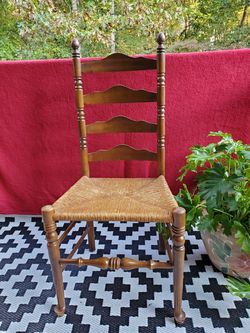 Vintage Ladder Back Wooden Side Chair Woven Cane Rush Seat Art Design