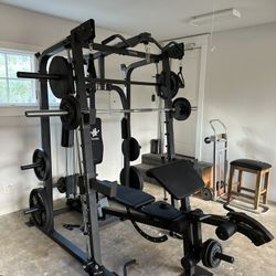 Vesta Fitness Smith Machine 2001 w/Bench Attachment | 230lb Bumpers Weights | 7ft Olympic Bar | Fitness | Gym Equipment | FREE DELIVERY🚚 