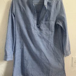 Unbranded LONG SLEEVE  BUTTON TUNIC STRIPED T Shirt Dress BLUE/WHITE linen