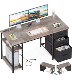Grey Oak 51 Inch Computer Desk with Drawers & USB Power Outlets
Reversible Home Office Desk with Storage Shelves, Work from Home, Modern Work/Writing/