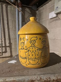 Vintage Yellow Ceramic Cookie Jar with Figures