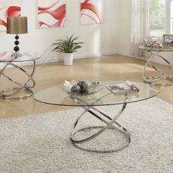 Occasional Coffee & End Tables Set Silver Tempered Glass  