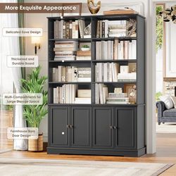 73" Tall Bookshelf with Doors, Double Wide Bookcases and Bookshelves, Tall Bookcase with Cabinet, Storage Cabinets with 4 Doors, Large Dis