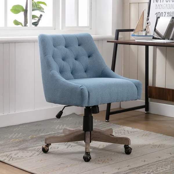 Modern Home Office Desk Chair w/Casters / Leisure Solid Wood Feet Office Chair, 360° Swivel Computer Task Chair - Blue