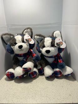 Two HUGFUN Husky Gray White Puppy Dog Soft 12" Plush With Plaid Scarf & Ear Muffs
