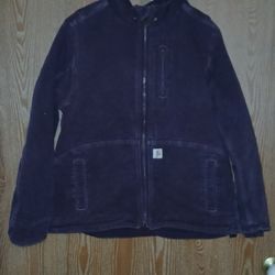 Carhartt Youth Size Large (12/14) Plum, Full Swing Jacket w/ Detachable Hood, Sherpa lined. Can fit a XS or Small Adult. Measurements are 22 x 24. 