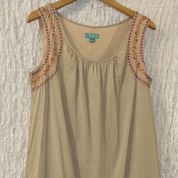 Calypso: Beige Sleeveless Dress with Orange & Red Embroidery, Lined, Size: L