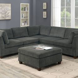 Brand New Dark Grey Plush Chenille Modular Sectional Sofa w Ottoman 