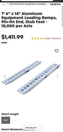7' 6" x 14" Aluminum Equipment Loading Ramps, Pin-On End, Stub Foot -