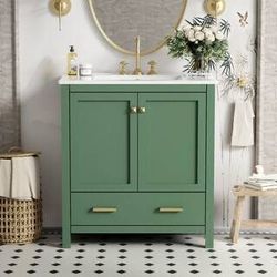 NEW 30 in. Green Single Sink Freestanding Bath Vanity with White Ceramic Top, Removable Divider, Storage