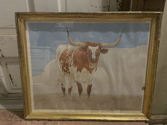 Framed 1970 Charles Beckendorf Print of Longhorn In A Field