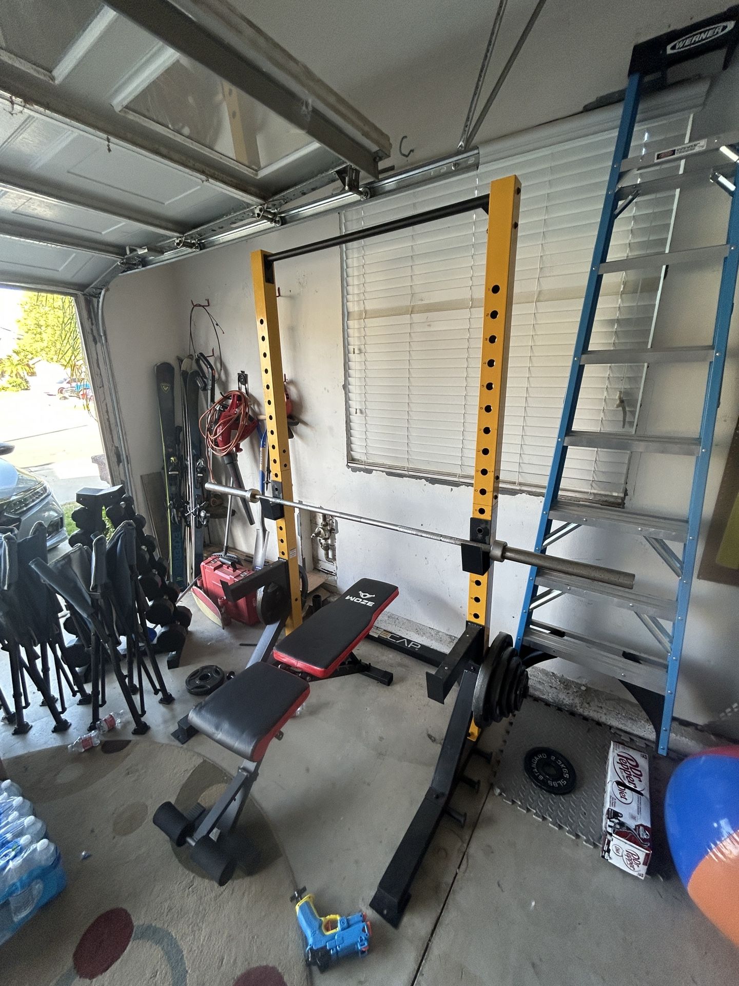 Weight Rack, Weights, Bar, Chair, And More