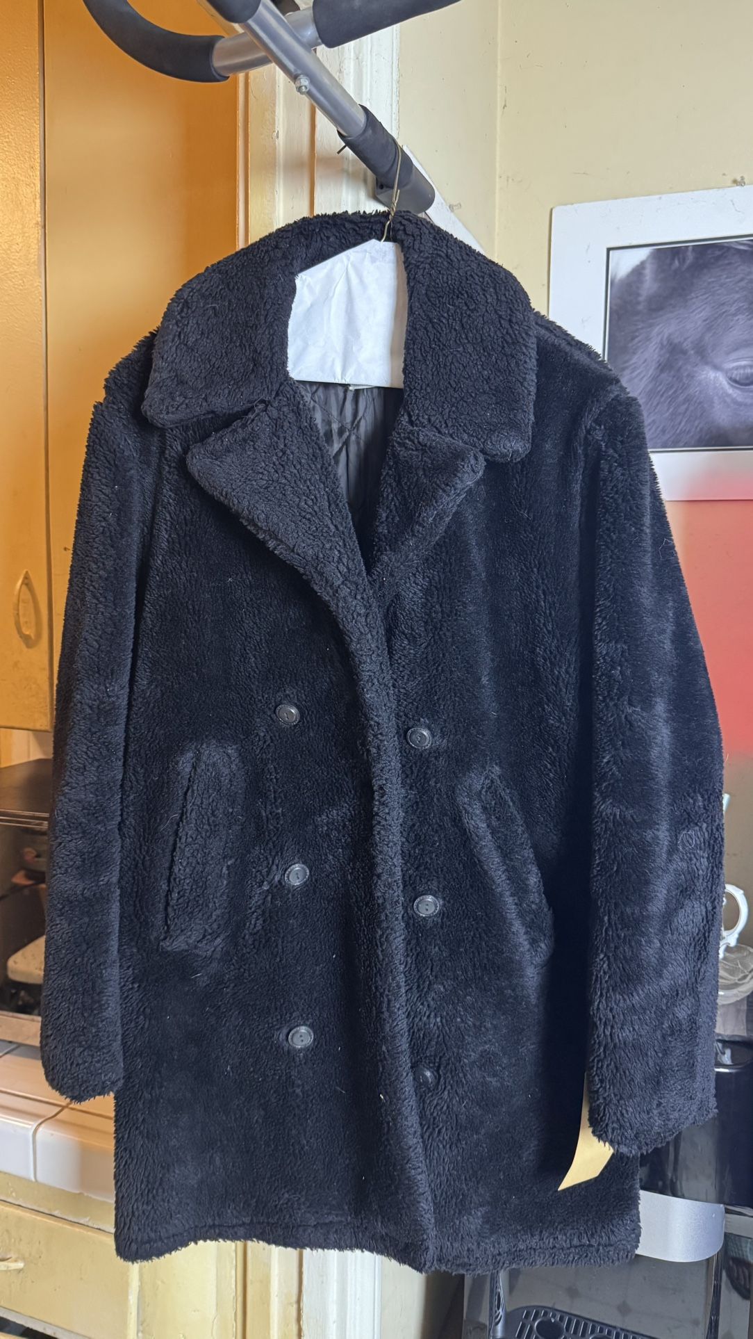 Double-Breasted Black Faux Fur Coat with Notched Lapel 1970s