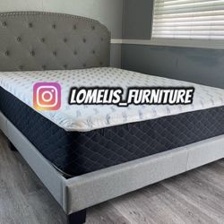 Queen Size Grey Button Bed W Ortho Mattress 