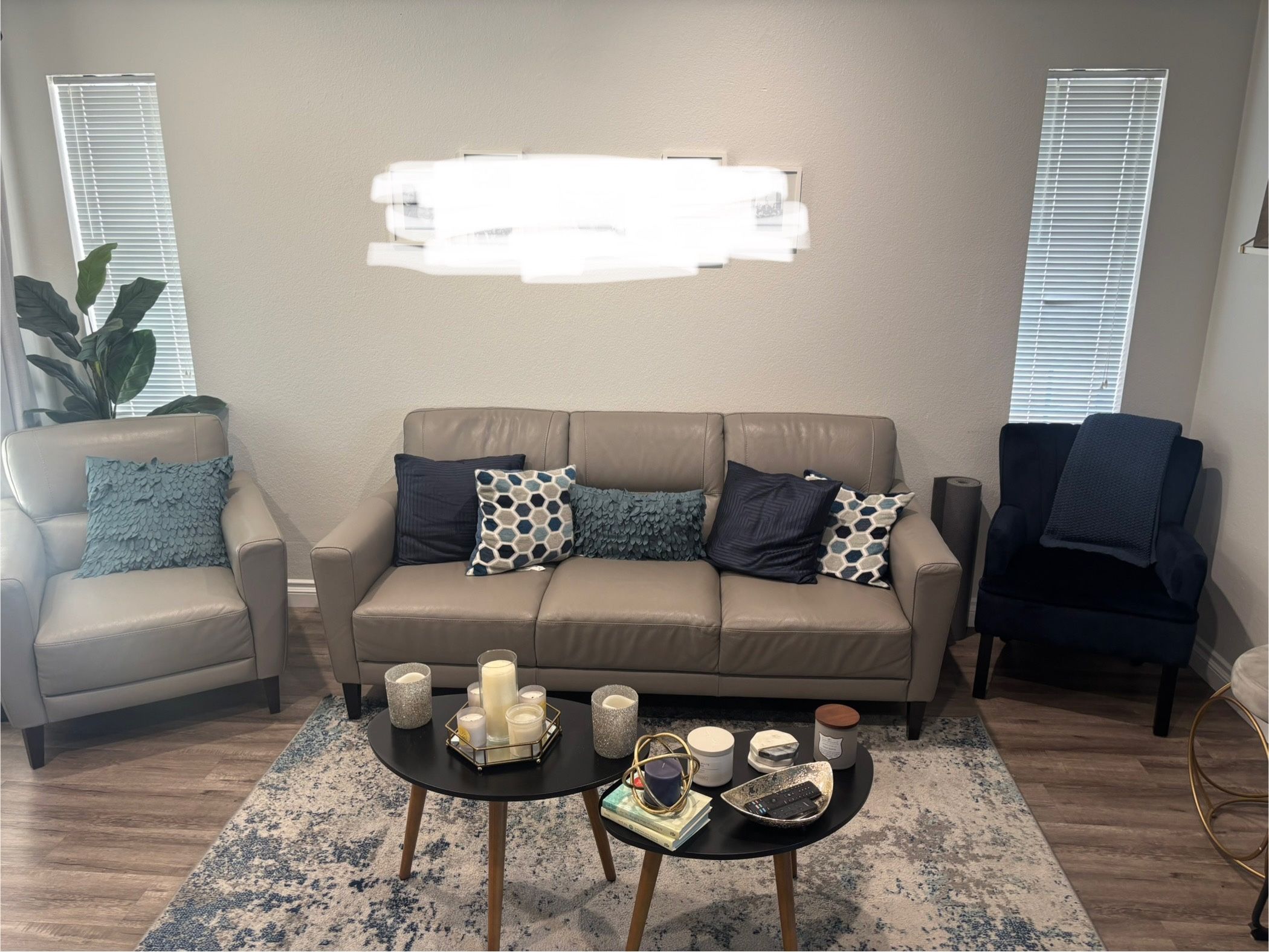 Genuine leather Grey Sofa, Matching Chair, Fabric Accent Chair, And 2 Black Nesting Tables
