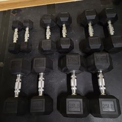 Brand New 5lb Thru 25lb Rubber Hex Dumbbells 