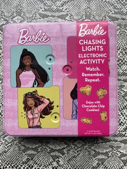 Barbie CHASING LIGHTS ELECTRONIC ACTIVITY memory game in metal tin with cookies