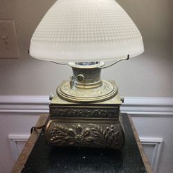 Antique Brass Oil Lamp Converted to Electric Lamp with Milk Glass Shade