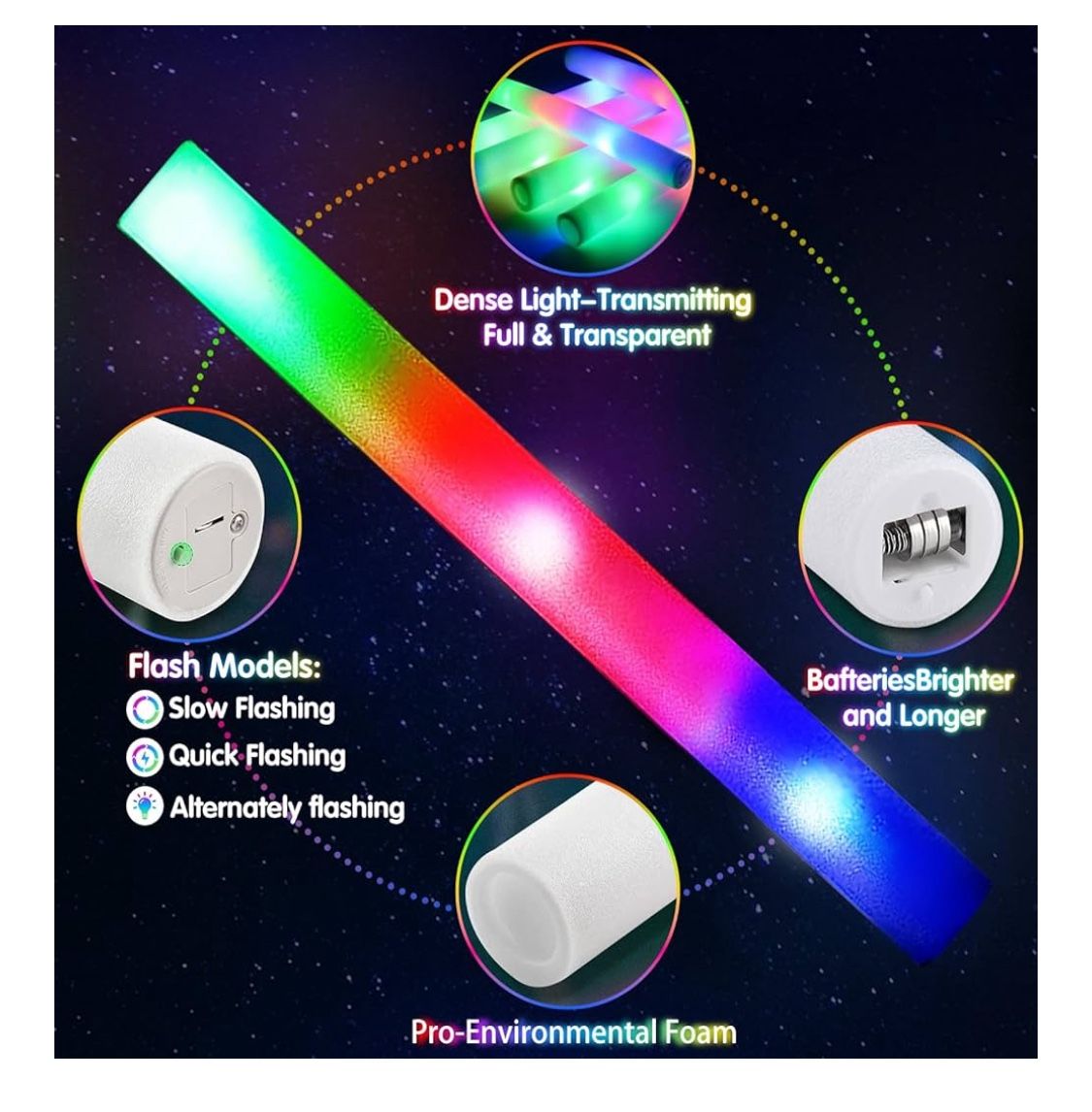 72 Foam Light Sticks. Flashing Red Blue Green
