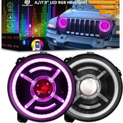 JL/JT 9" Headlights - 9 Inch LED Headlights RGB for Je-ep 2018-2024 Wrangler Gladiator JL JLU Unlimited Sport Rubicon Sahara, 9" DOT LED Headlamps Hal