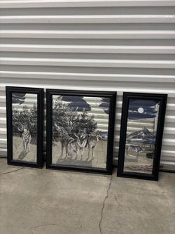 Wolf Scene Framed Mirror Art Set of 3