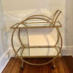 Bar Cart • Round Gold Metal, Mirrored Shelves, Casters