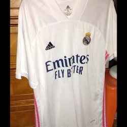 “Emirates Fly Better” Pink And White Real Madrid F.C. Soccer Adidas Jersey Sz XL